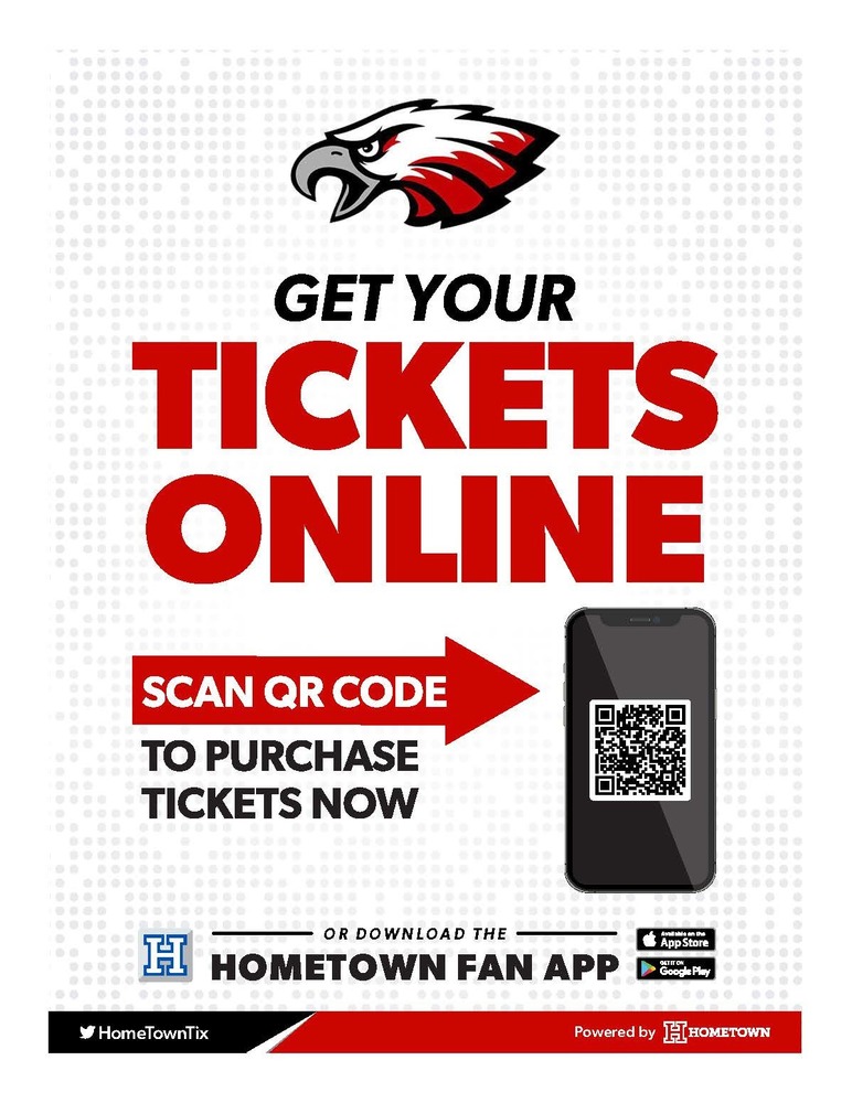 Get your tickets online red, white, black, and gray eagle head. Scan QR code to purchase tickets now. Or Download the Hometown App